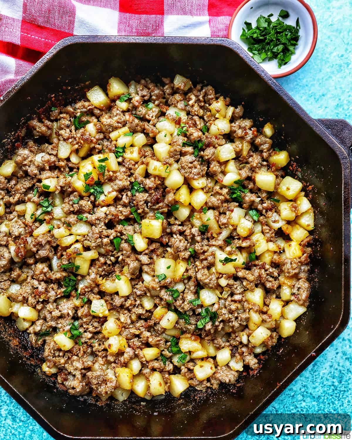 Breakfast Sausage and Potato Hash Recipe 3 Overhead view of breakfast sausage potato hash