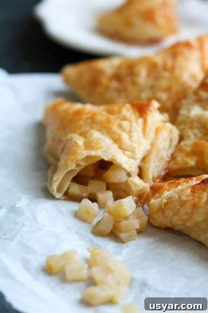 Cinnamon Apple Puff Pastry Bites 6 puff pastries with apple on paper