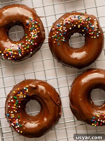 A batch of chocolate donuts topped with rainbow sprinkles on a wire baking rack.