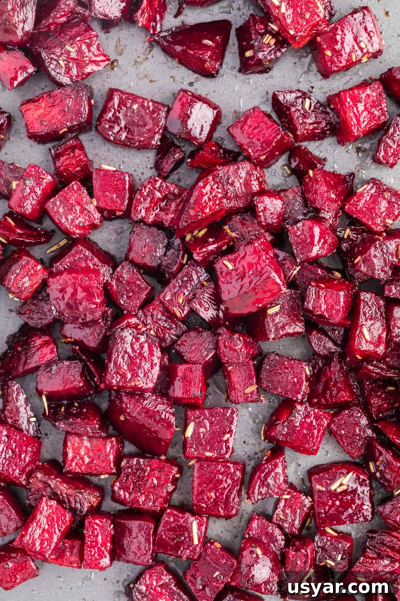 Roasted Beets Recipe with Balsamic and Goat Cheese 2 Overhead view of chopped roasted beets.
