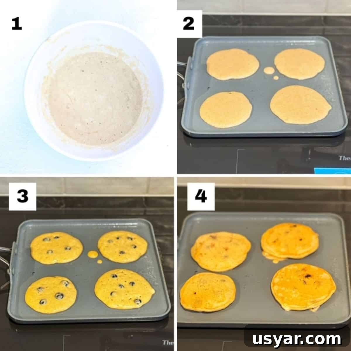 Fluffy Whole Wheat Blueberry Pancake Recipe 3 Four numbered images showing how to make blueberry whole wheat pancakes.