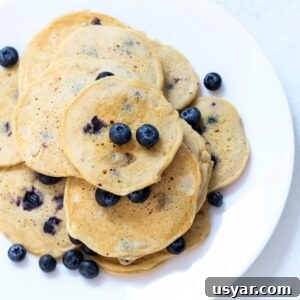 A plate of whole wheat blueberry pancakes topped with fresh blueberries.