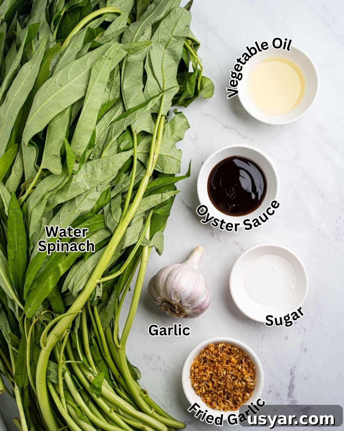 Vietnamese Garlic Water Spinach Stir Fry 3 Ingredients needed for stir fried water spinach: water spinach, garlic, vegetable oil, oyster sauce, sugar, and fried garlic.