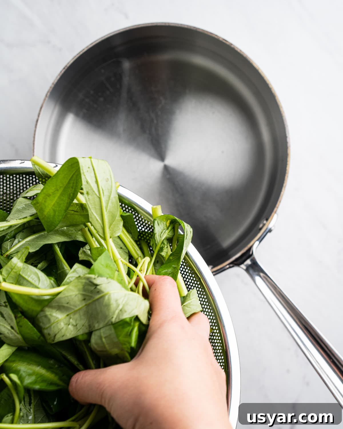 Vietnamese Garlic Water Spinach Stir Fry 6 Hands adding water spinach into pot of boiling water.