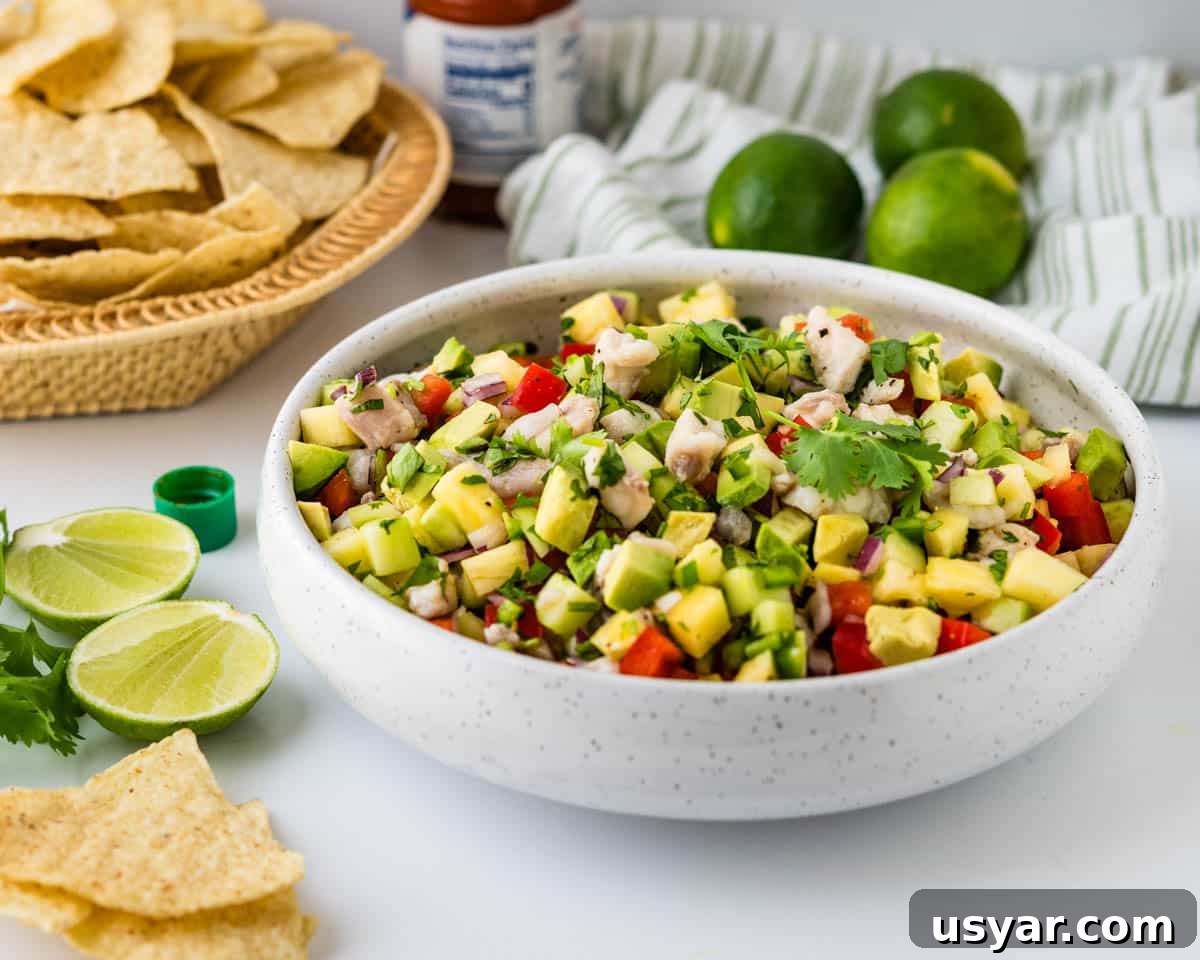 Fresh fish ceviche with tortilla chips.