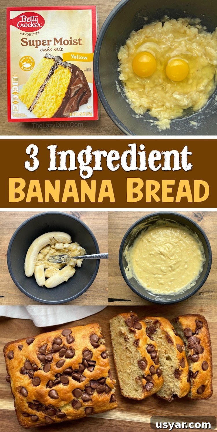 3 Ingredient Cake Mix Banana Bread Recipe 11 How to make delicious banana bread at home with just 3 ingredients: a box of yellow cake mix, ripe bananas, and eggs. So easy and yummy! A family favorite treat for snacking or breakfast. You can also make this quick and easy recipe with chocolate chips or nuts. It makes two loaves of bread!
