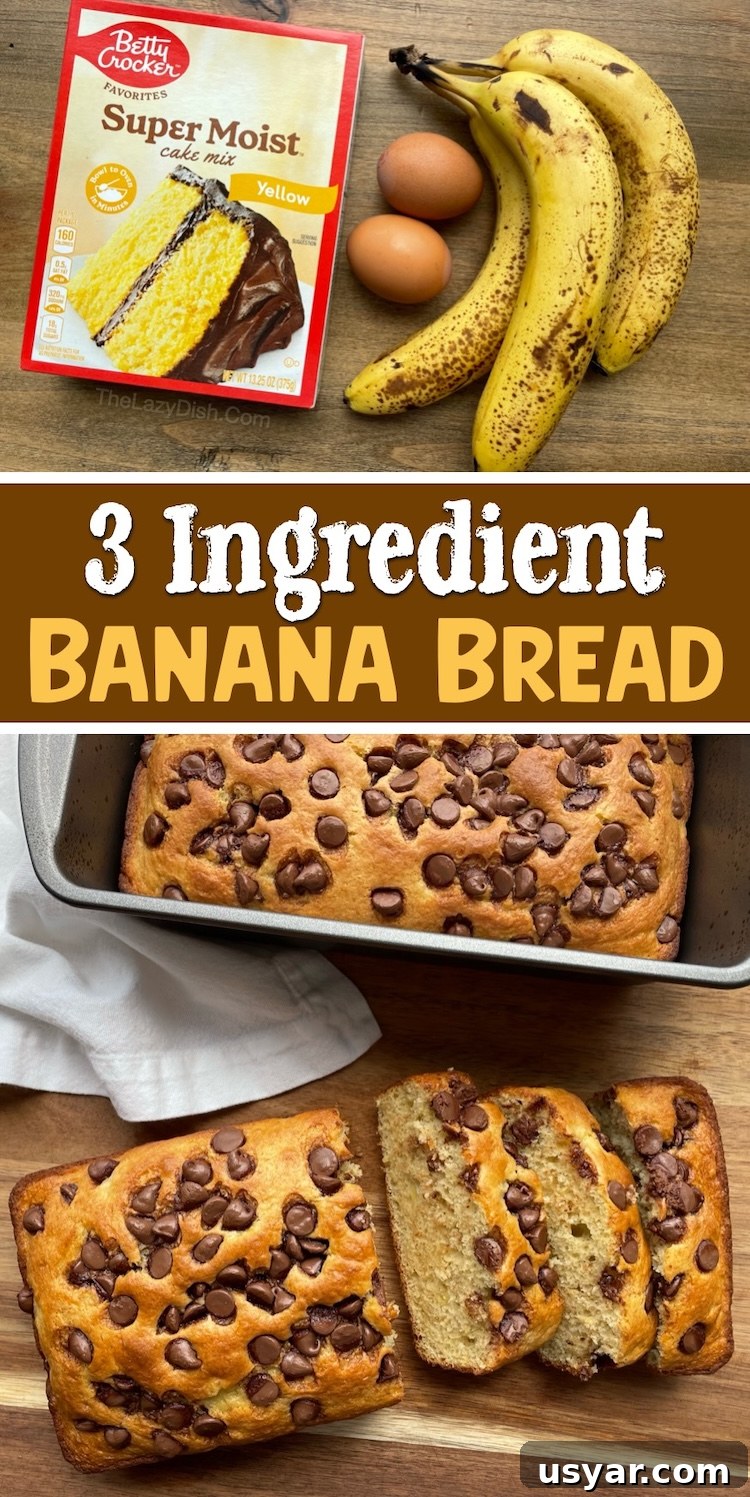 3 Ingredient Cake Mix Banana Bread Recipe 12 Looking for fun baking recipes to use up your ripe bananas? Try this cake mix banana bread! It's made with just 3 simple ingredients and turns out super moist and yummy every time. You can customize this banana bread recipe with the cake mix of your choice (yellow, spice, white, or chocolate) along with some fun mix-ins such as chocolate chips or walnuts.