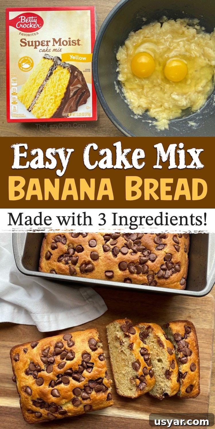 3 Ingredient Cake Mix Banana Bread Recipe 13 Are you searching for fun baking ideas? This easy banana bread is a fail proof recipe! It's made with just 3 common and cheap ingredients including a box of Betty Crocker cake mix, very ripe bananas, and eggs. It's a yummy sweet treat for breakfast, dessert, and snacking. Bring the extra loaf to work or give it away as a gift to family and friends. My kids love it!