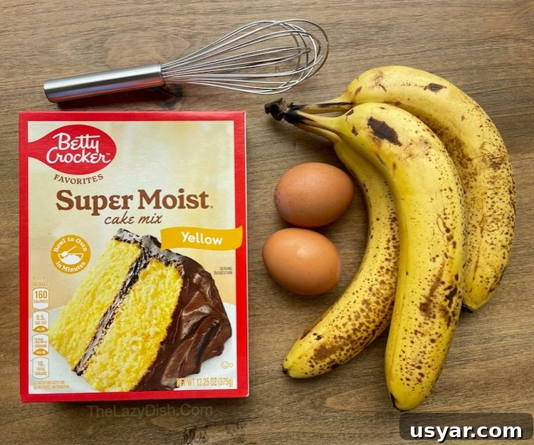 3 Ingredient Cake Mix Banana Bread Recipe 3 Yellow Cake mix, ripe bananas, and eggs.