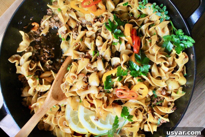 garnished egg noodles with ground beef