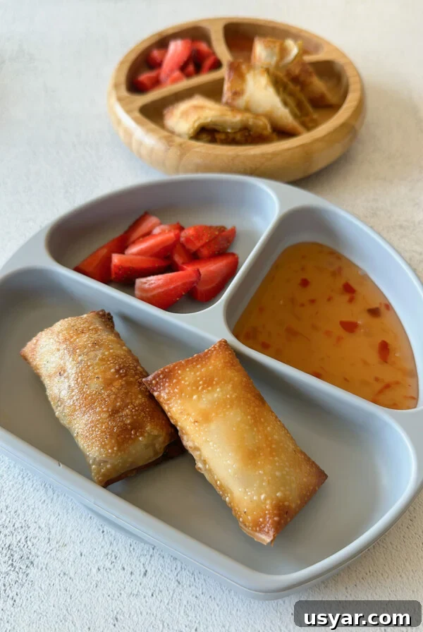 Air fried egg rolls served with sweet chili sauce and strawberries.