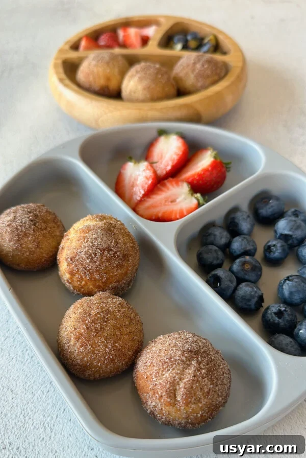 Air fryer donut holes served with strawberries and blueberries.