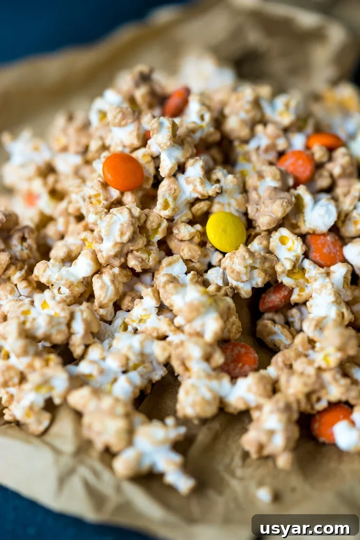How to Make Reese's Peanut Butter Popcorn 3 All the flavor of your favorite peanut butter cup wrapped around crunchy popcorn! This Peanut Butter Popcorn is for you, Reese's Lovers!