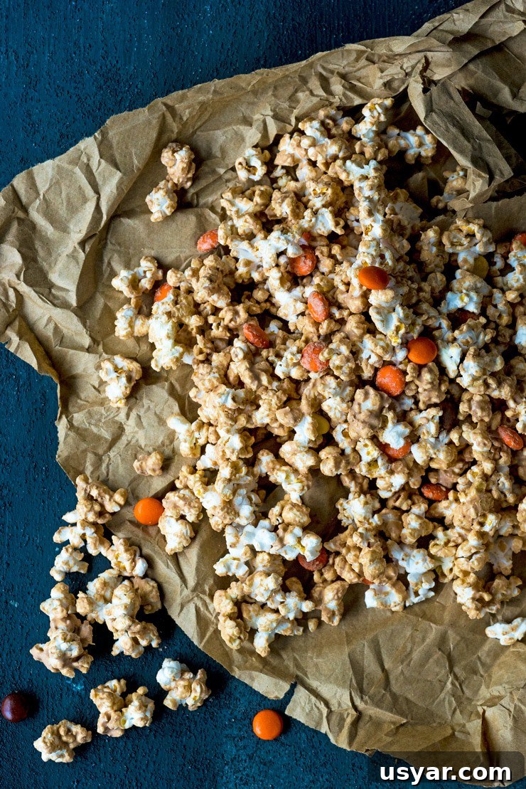 How to Make Reese's Peanut Butter Popcorn 4 All the flavor of your favorite peanut butter cup wrapped around crunchy popcorn! This Peanut Butter Popcorn is for you, Reese's Lovers!