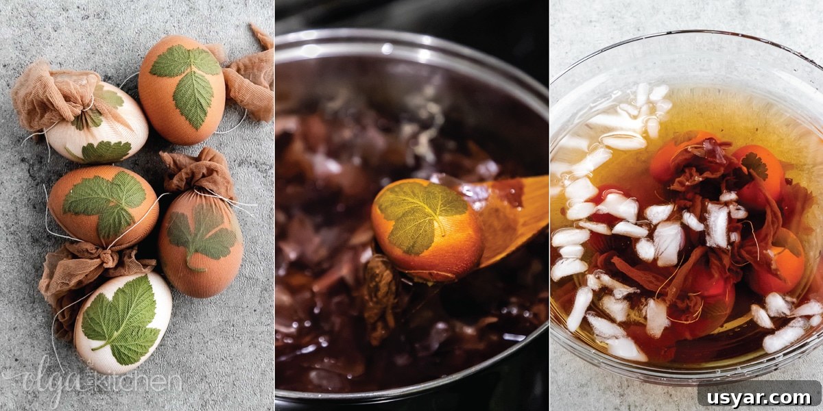 Naturally dyed Easter eggs with herbal prints. How to dye eggs naturally using onion peels and fresh herbs.