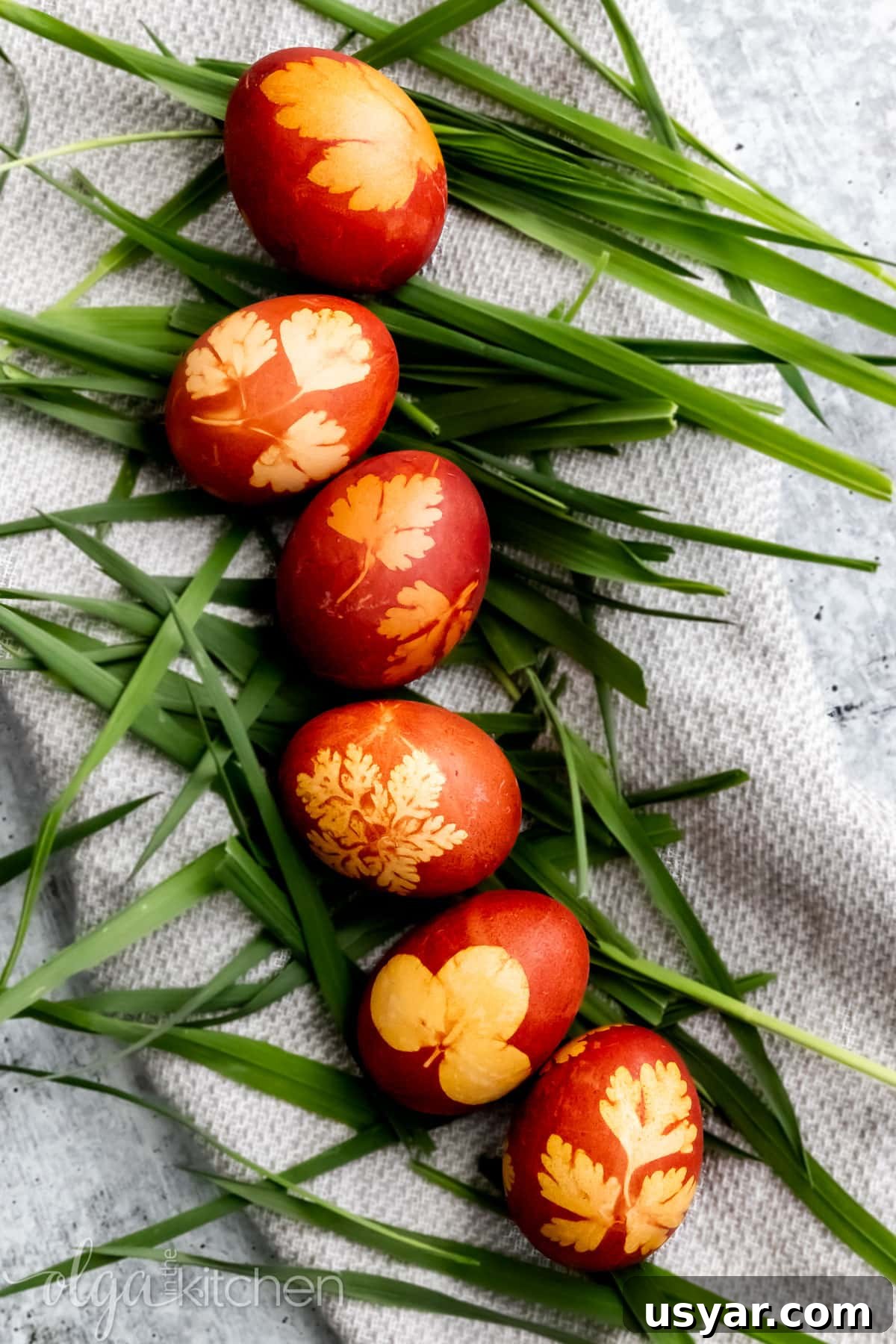 Decorated natural Easter eggs ready to eat. How to naturally dye Easter eggs using onion peels.