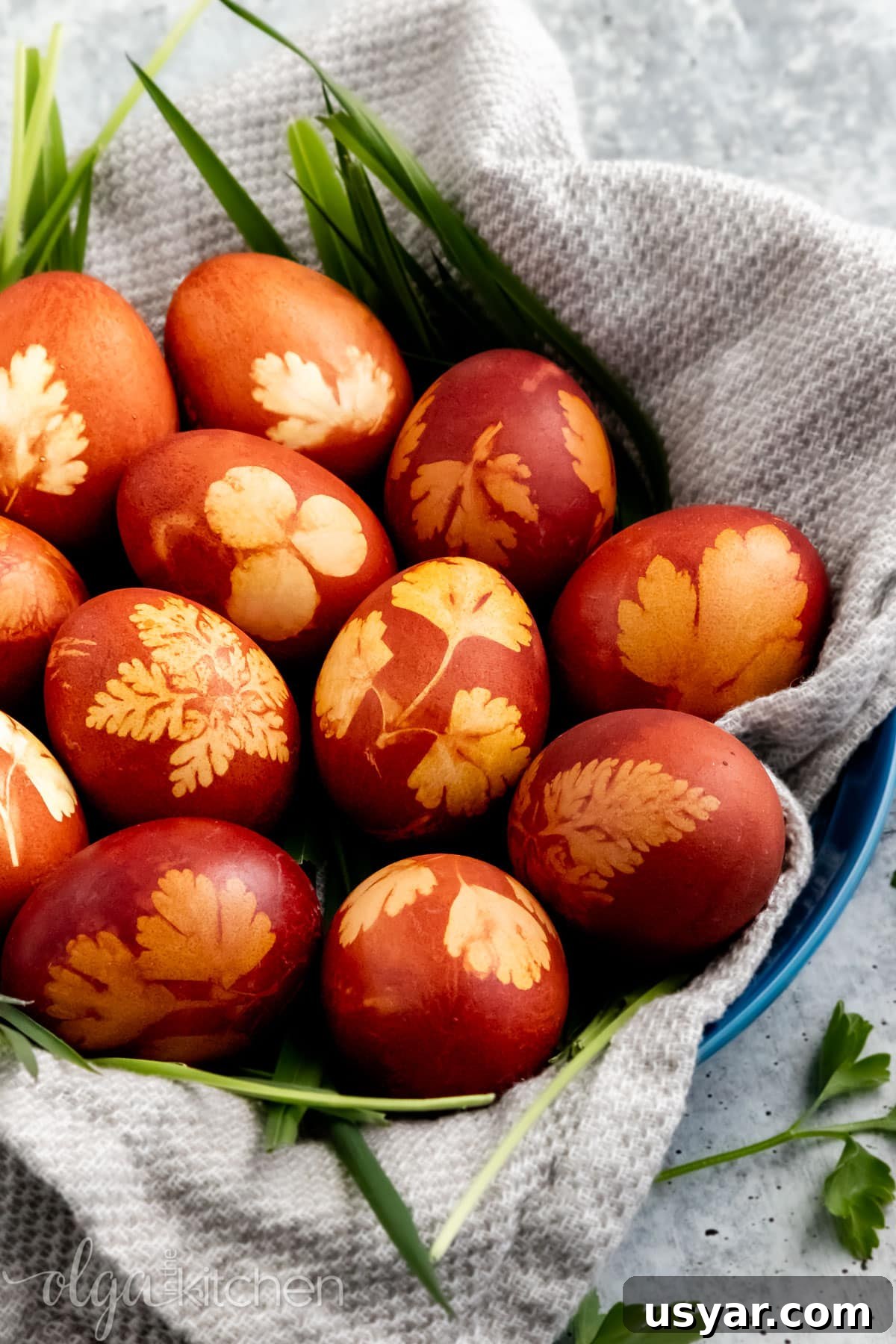 A collection of naturally dyed Easter eggs. How to naturally dye Easter eggs using onion peels.