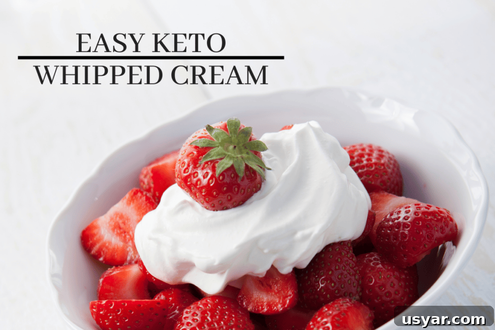 Keto Whipped Cream Recipe Featured Image easy keto whipped cream on strawberries in a white bowl