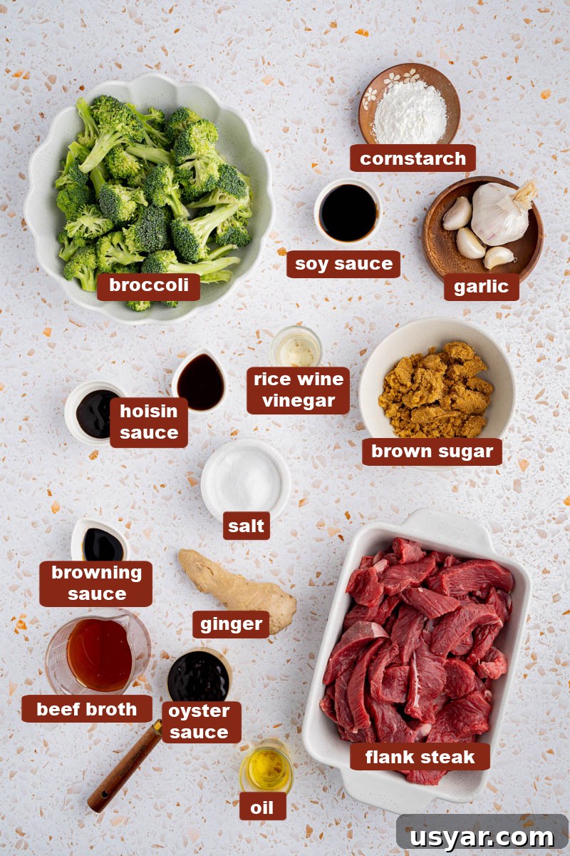 Beef and Broccoli Stir-Fry with Soy-Garlic Sauce 2 All of the ingredients for beef and broccoli stir fry in bowls on a white countertop.