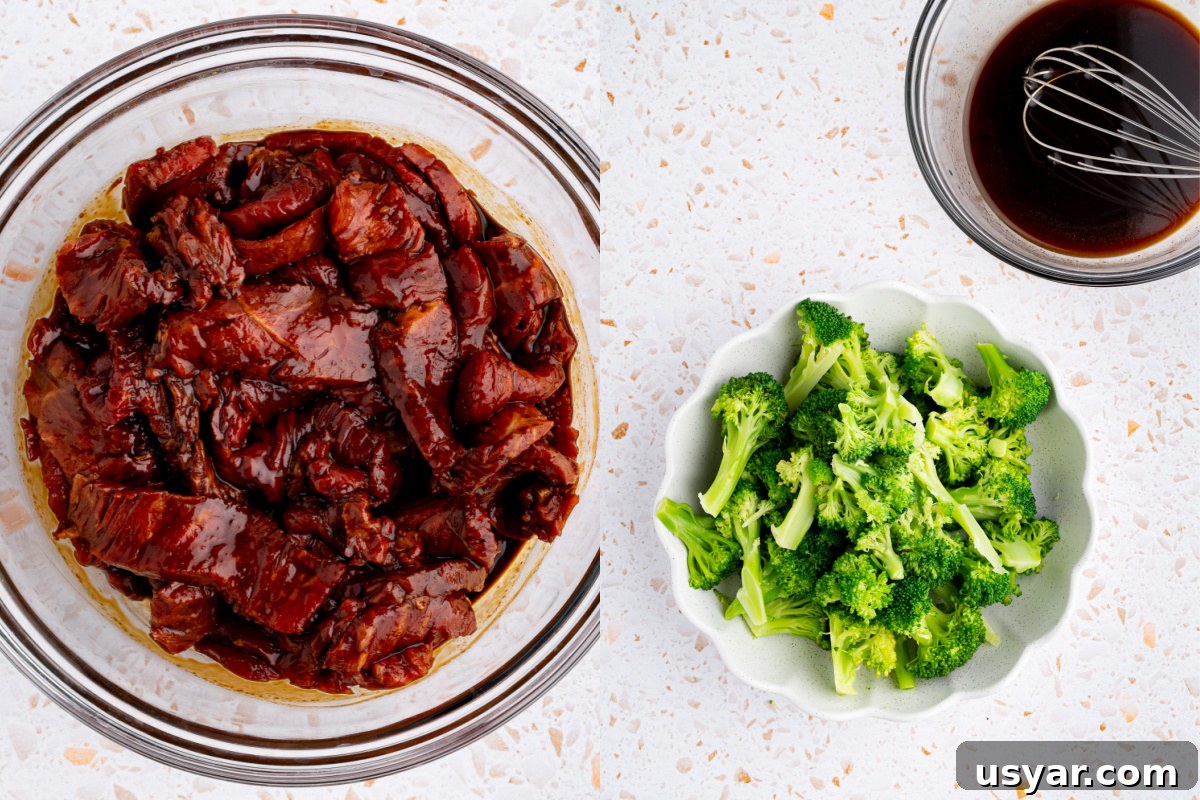 Beef and Broccoli Stir-Fry with Soy-Garlic Sauce 3 Beef marinating in the bowl and a bowl of blanched broccoli sitting next to a bowl of the sauce.