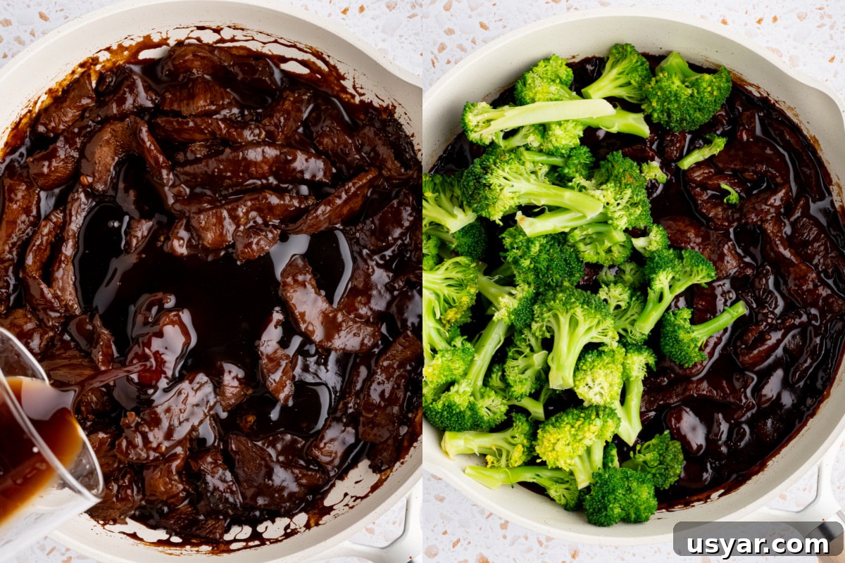 Beef and Broccoli Stir-Fry with Soy-Garlic Sauce 4 Pouring the sauce over the cooked beef before adding the broccoli.