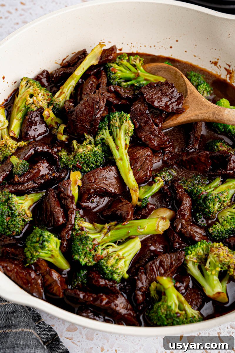 Beef and Broccoli Stir-Fry with Soy-Garlic Sauce 5 Cooked beef and broccoli stir fry in a skillet after cooking.