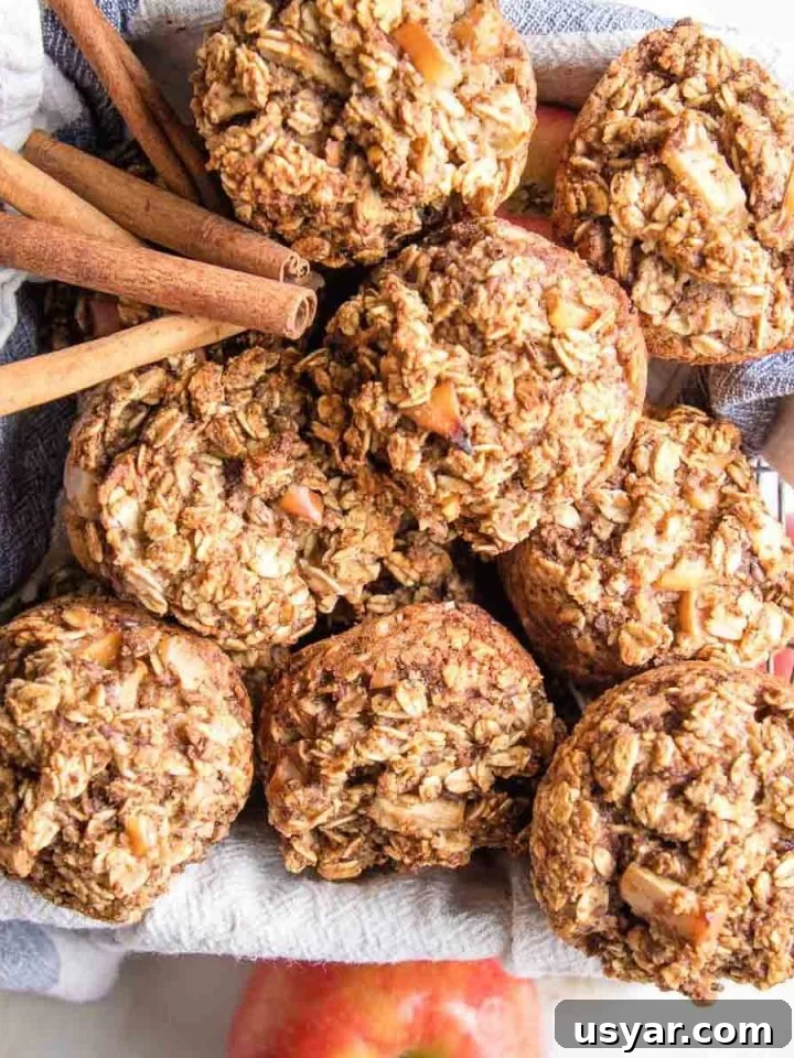 Oatmeal apple muffins in a basket with cinnamon stick and apples around.