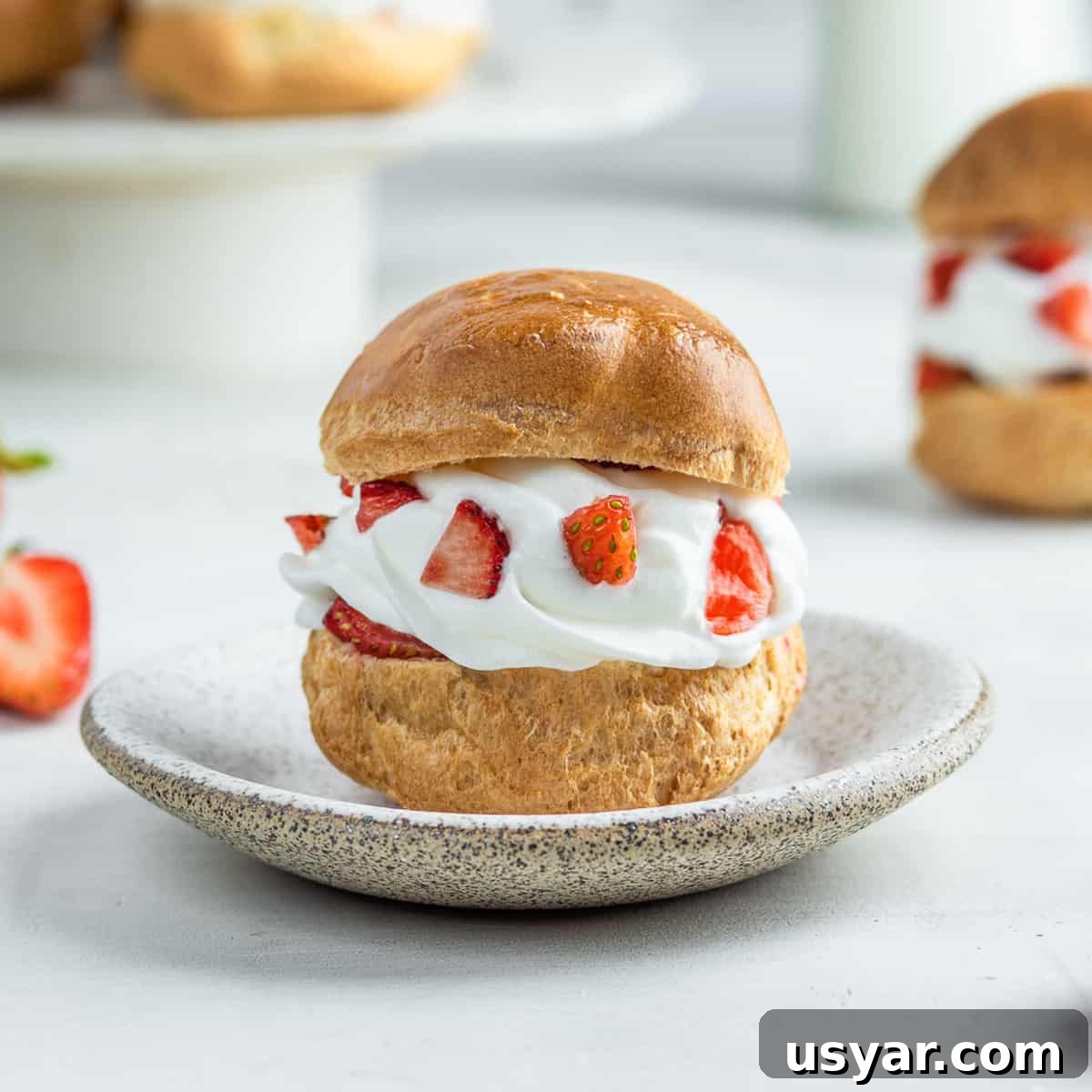 Shu Cream Japanese Cream Puffs Recipe with Custard Filling 2 Shu cream puff on a grey dessert plate