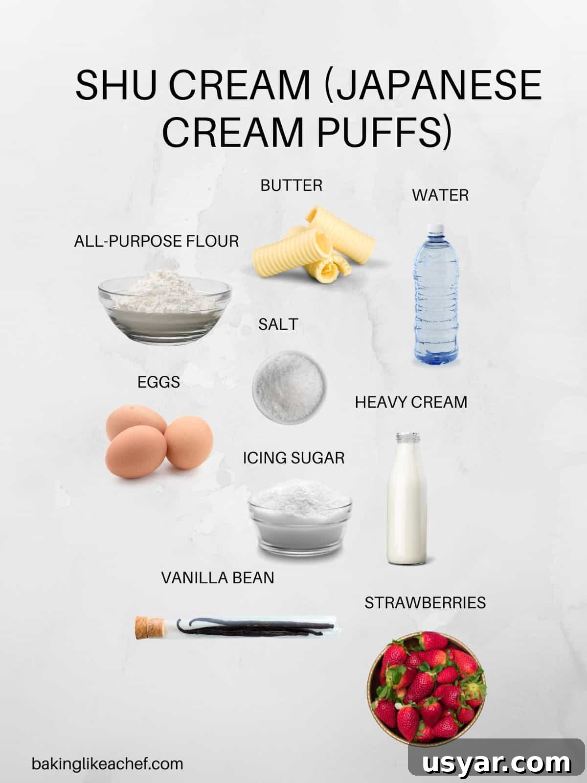 Shu Cream Japanese Cream Puffs Recipe with Custard Filling 4 Shu cream puffs ingredients in pictures