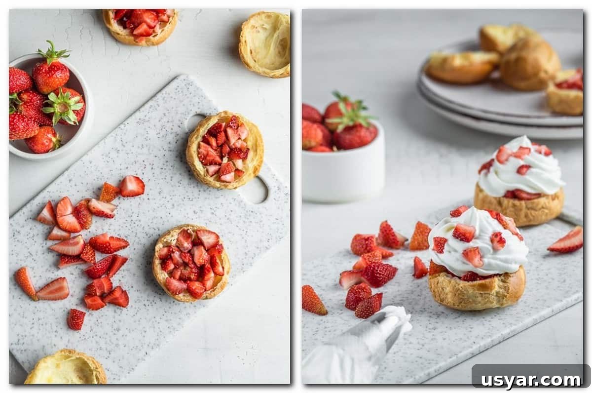 Shu Cream Japanese Cream Puffs Recipe with Custard Filling 6 Photo 1: Choux shells topped with strawberry pieces Photo 2: Choux puffs with cream and berries