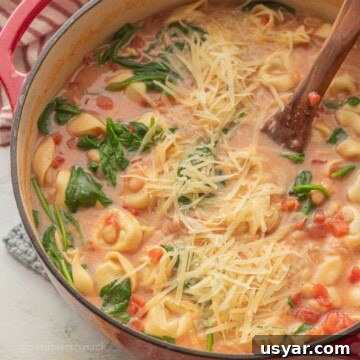 Tuscan Tortellini Soup with Tomatoes and White Beans 13 Tortellini white bean tomato soup in pot with spinach and cheese.