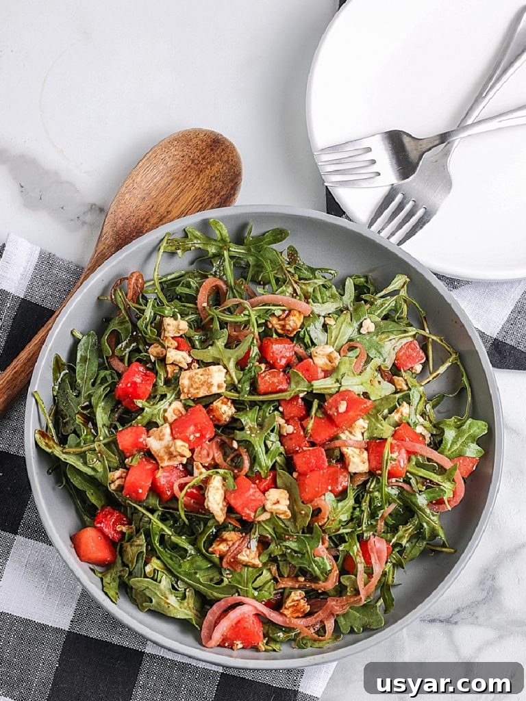 Watermelon Arugula Salad on a plate