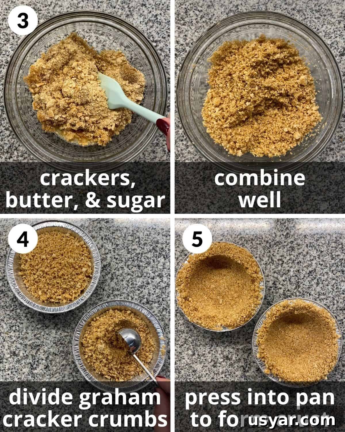 Mini S'mores Pies with Graham Cracker Crust Recipe 5 A four photo collage showing steps 3, 4 and 5 to make s'mores mini pies.