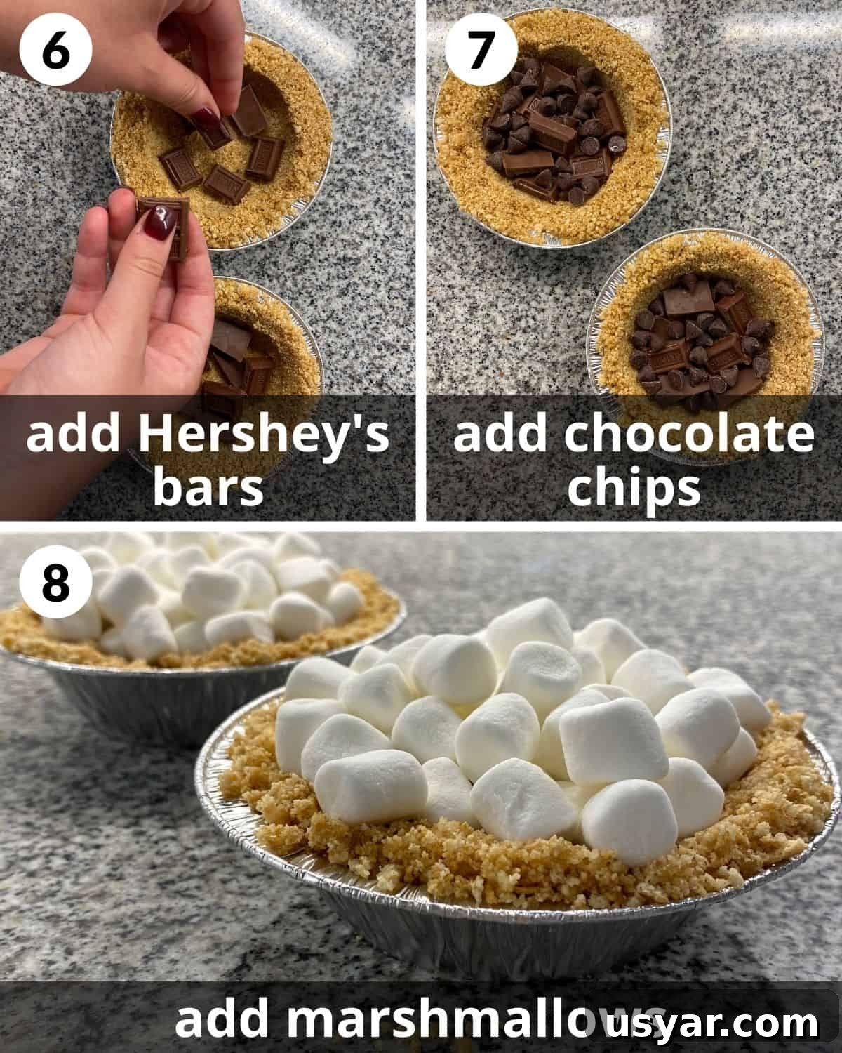 Mini S'mores Pies with Graham Cracker Crust Recipe 6 A 3 photo collage showing steps 6, 7 and 8 to making s'mores mini pies.