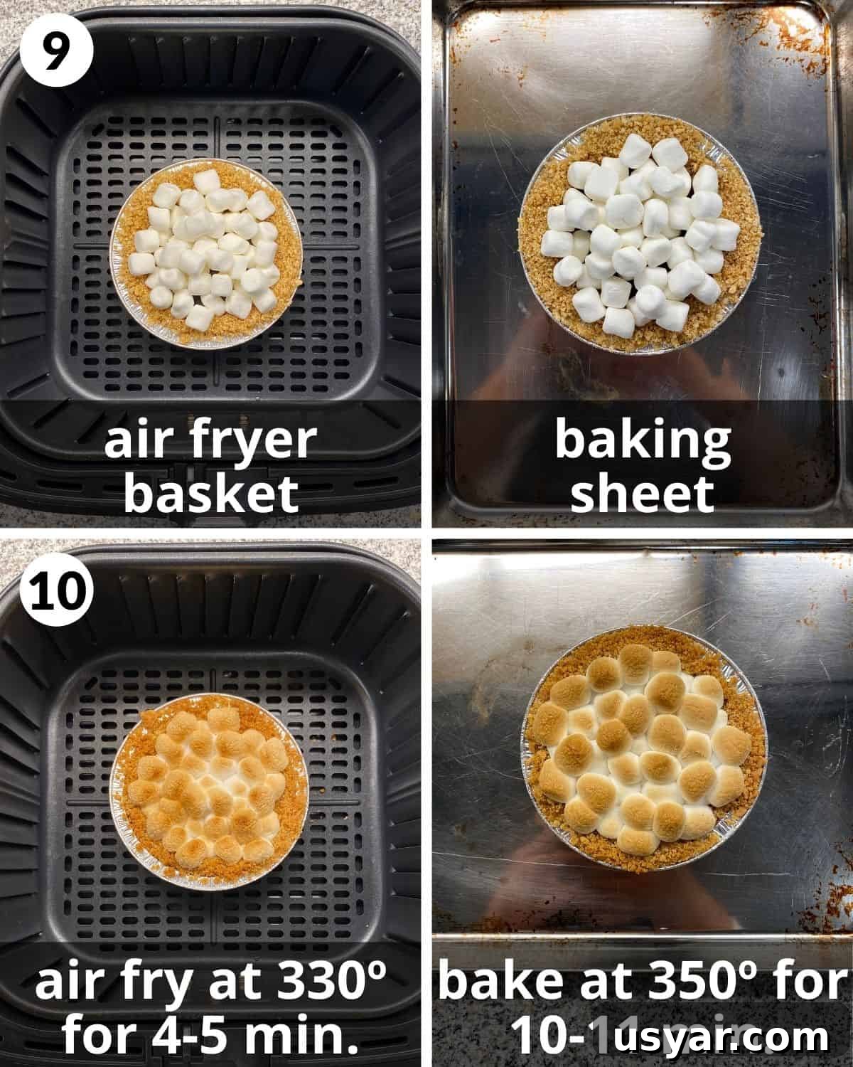 Mini S'mores Pies with Graham Cracker Crust Recipe 7 A 4 photo collage showing steps 9 and 10 to making s'mores mini pies.