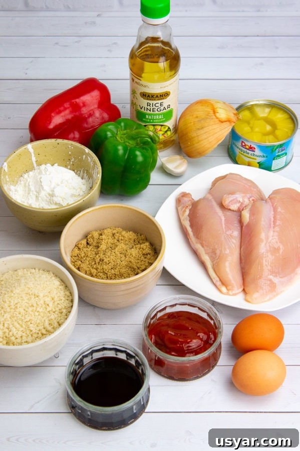 chicken, peppers, onion, eggs, and flour to make sweet and sour chicken