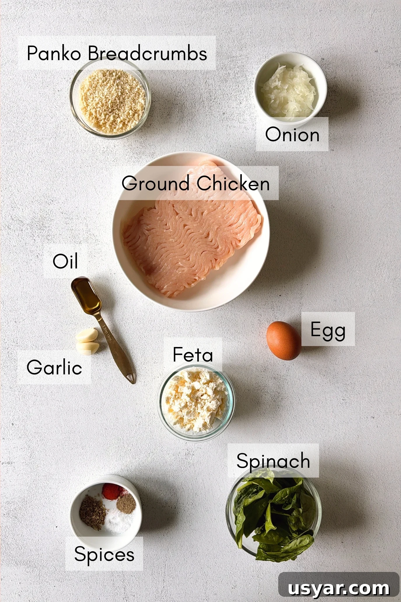Ingredients to make chicken feta meatballs.