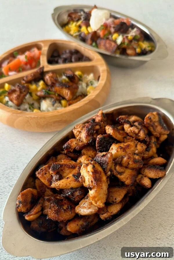 Copycat chipotle chicken served in a burrito bowl.