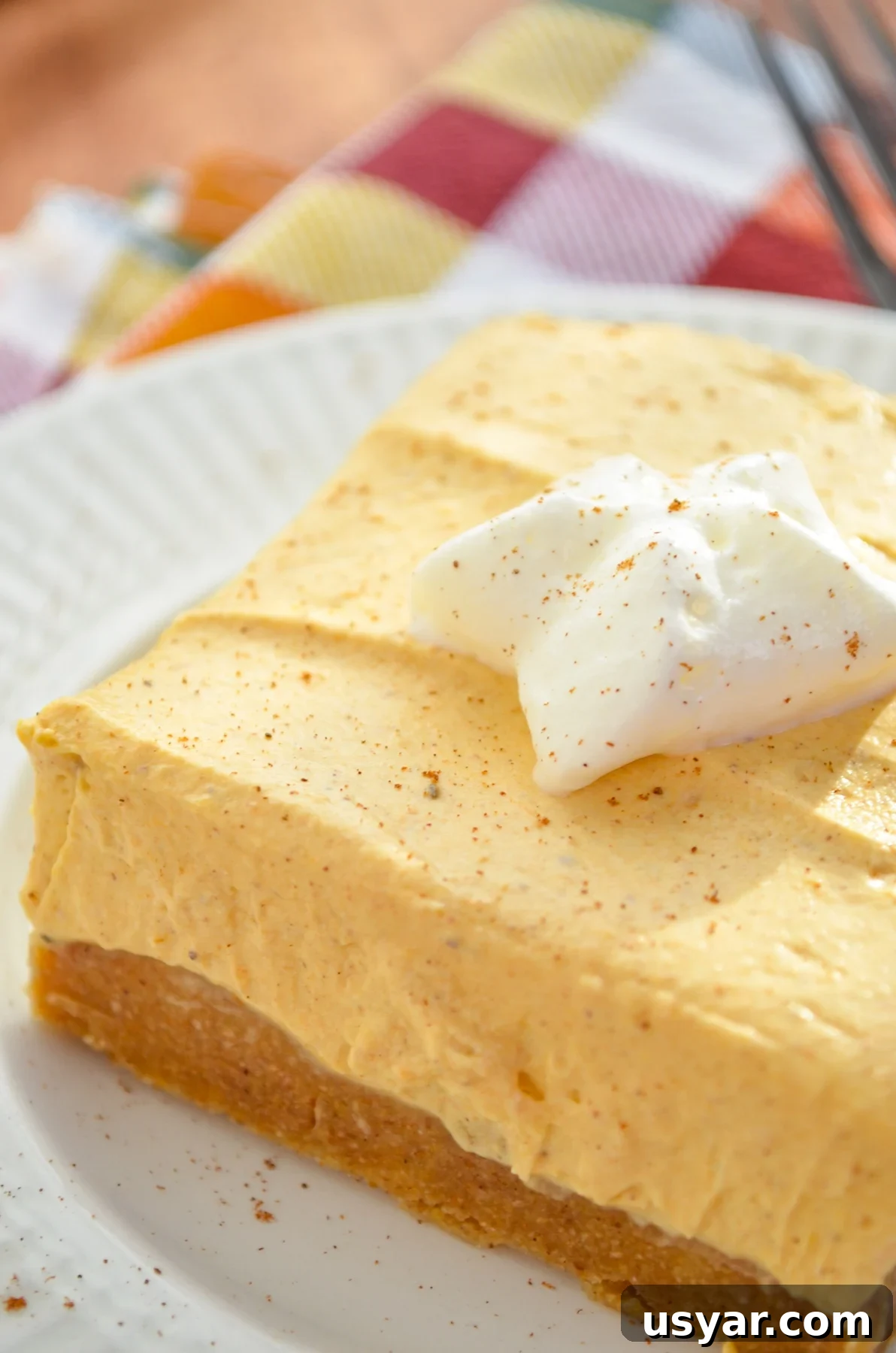 A single no bake pumpkin cheesecake bar, served with a dollop of whipped cream on top.