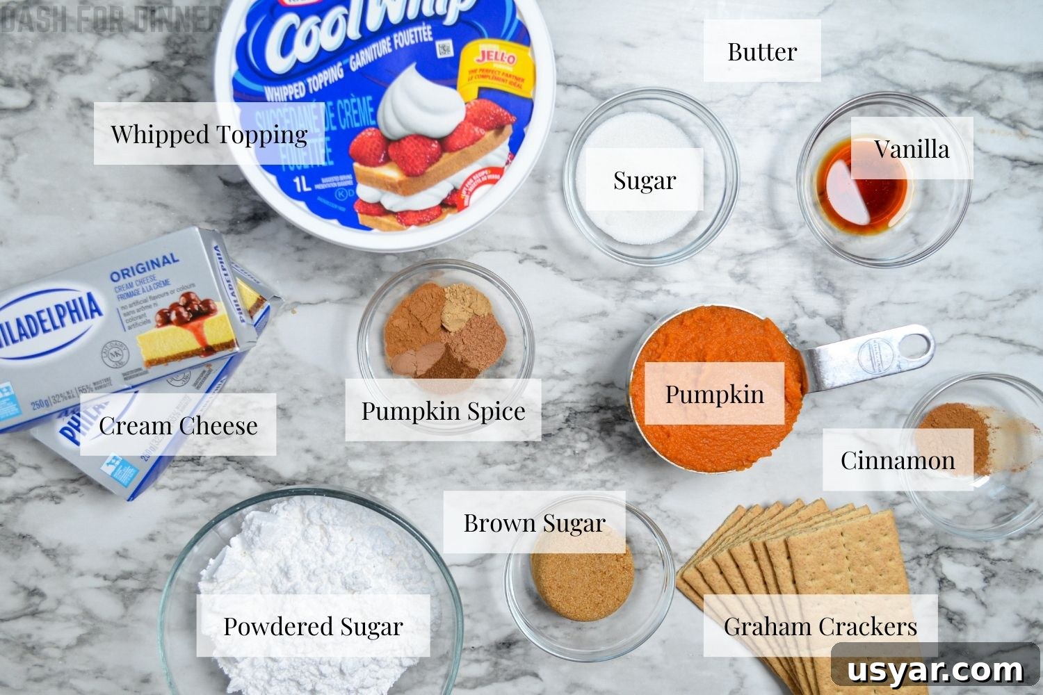 The ingredients needed to make no bake pumpkin cheesecake bars