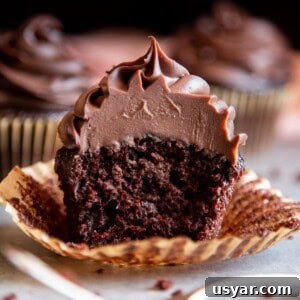 Chocolate ganache frosting on a chocolate cupcake split in half.