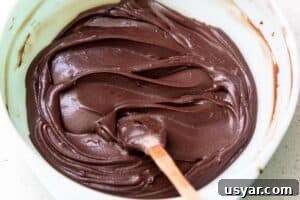 Chocolate ganache frosting in a mixing bowl with a small spatula in it.