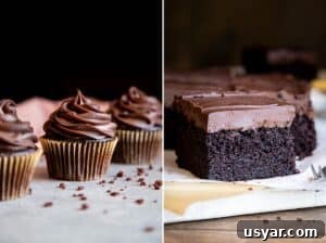 Collage of 2 photos showing chocolate ganache frosting piped on cupcakes and spread on single layer cake.