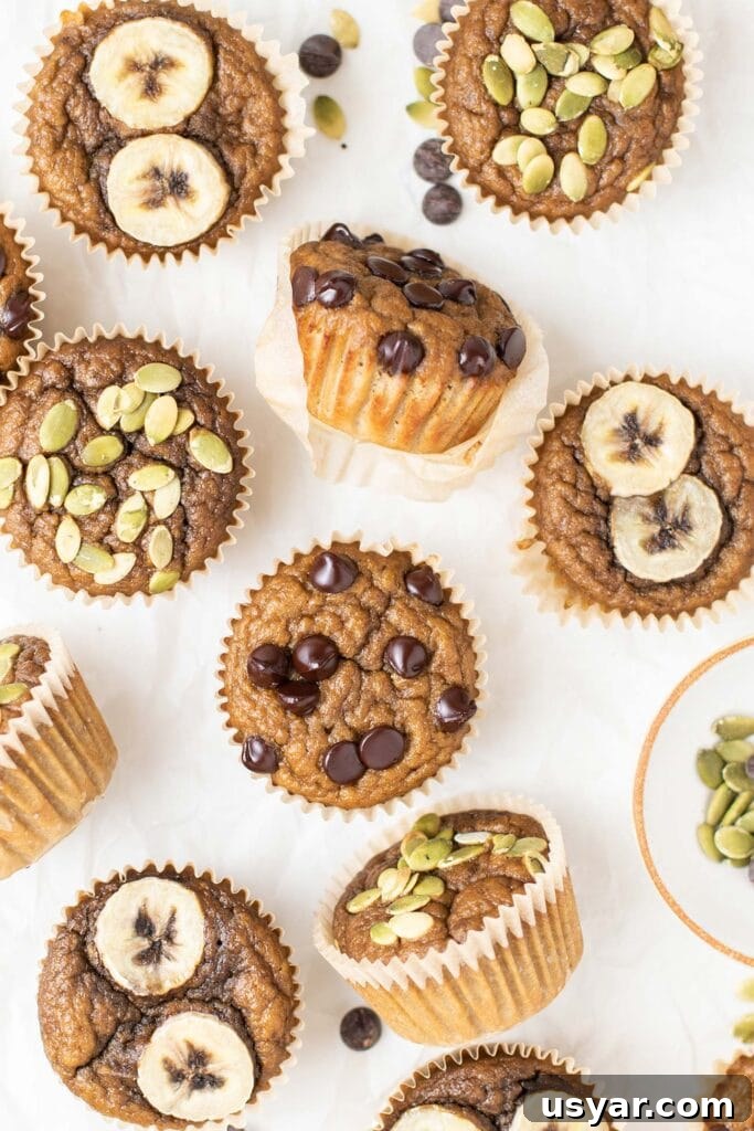 Moist Gluten-Free Banana Muffins Recipe 2 A bunch of muffins shown laid out and topped with different things.