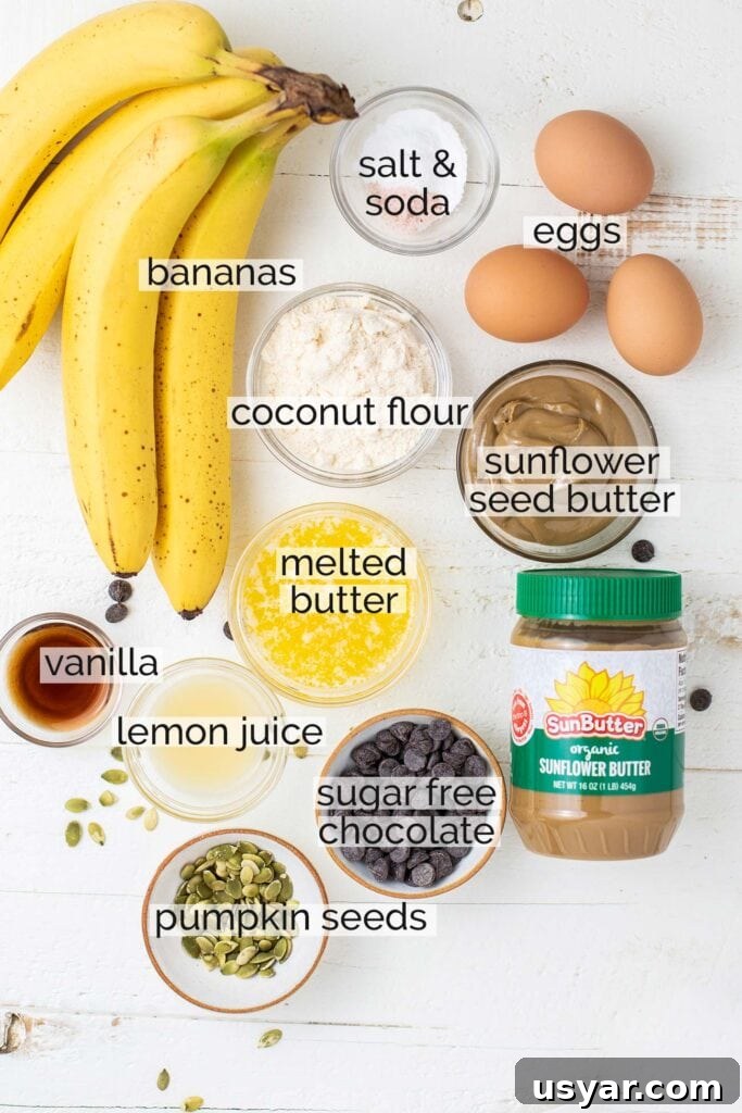 Moist Gluten-Free Banana Muffins Recipe 3 The ingredients for these muffins shown prepared and labeled.