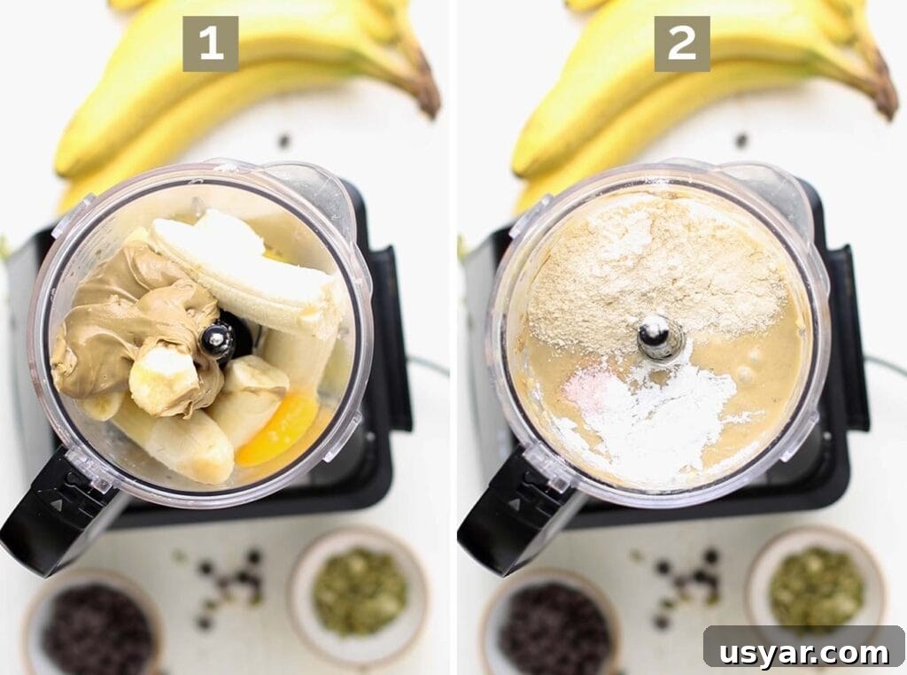 Moist Gluten-Free Banana Muffins Recipe 4 Showing how to add the ingredients to a blender or food processor to make the batter.