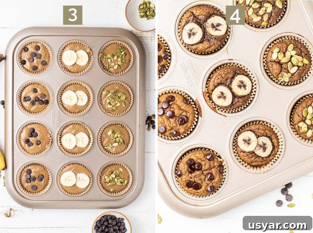 Moist Gluten-Free Banana Muffins Recipe 5 2 images showing how to fill the muffin tin with the batter and top the muffins with optional chocolate chips and pumpkin seeds.