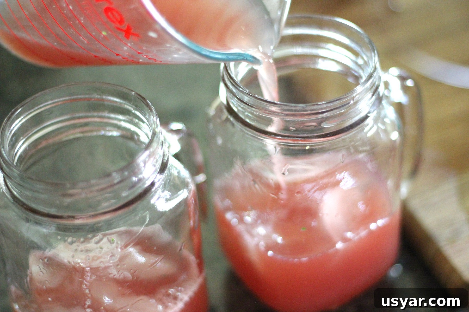 Sparkling watermelon mint agua fresca poured over sparkling water for a light healthy drink