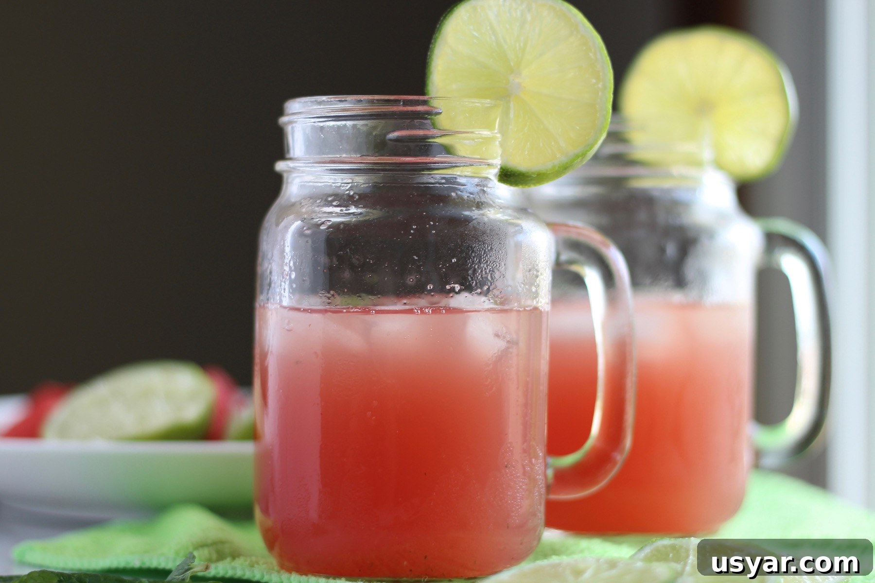 Sparkling Watermelon Mint Agua Fresca served over ice with lime for a healthy summer beverage