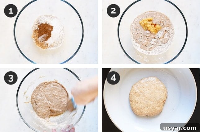 Fluffy Vegan Banana Pancakes Recipe with Maple Syrup 3 Step-by-step guide to delicious vegan banana pancakes in a collage of photos.
